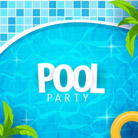 Summer pool party poster template. Water and palms, inflatable yellow mattress. Vector illustrationのイラスト素材