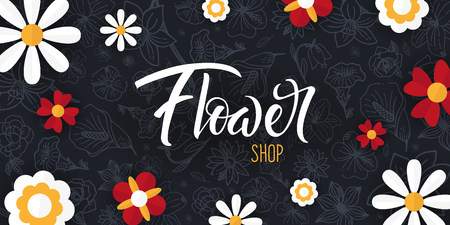 Flat flowers on a sketches background. Floral banner. Vector illustration.のイラスト素材