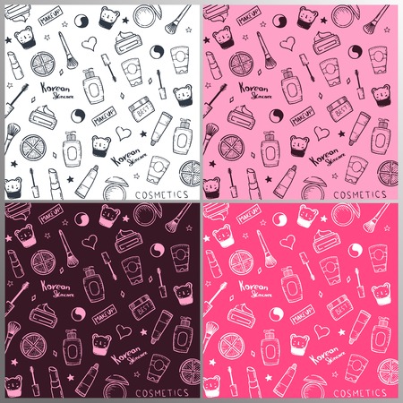 Korean cosmetics. Set of K-Beauty banners with hand draw doodle backgrounds. Skincare and Makeup. Vector Illustrationのイラスト素材