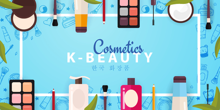 Korean flat cosmetics. K-Beauty banner with hand draw doodle background. Skincare and Makeup. Translation - Korean Cosmetics. Vector Illustrationのイラスト素材