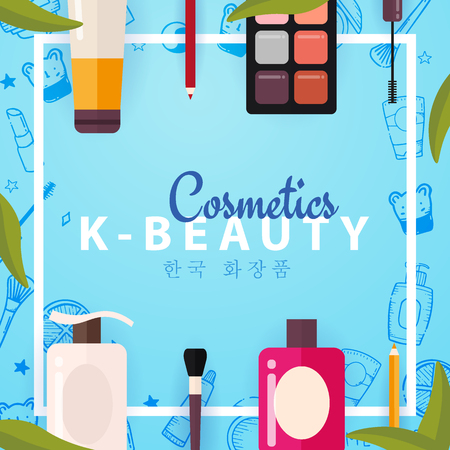 Korean flat cosmetics. K-Beauty banner with hand draw doodle background. Skincare and Makeup. Translation - Korean Cosmetics. Vector Illustrationのイラスト素材