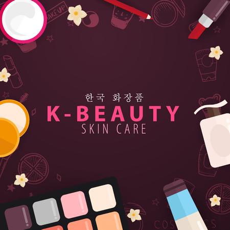Korean flat cosmetics. K-Beauty banner with hand draw doodle background. Skincare and Makeup. Translation - Korean Cosmetics. Vector Illustrationのイラスト素材