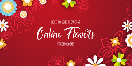 Flat flowers on a sketches background. Floral banner. Vector illustrationのイラスト素材