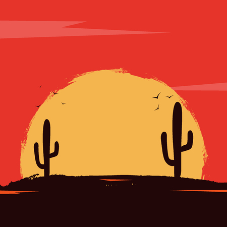 Wild West landscape with mountains and cactus. Sunset at the Texas. Vector illustrationのイラスト素材