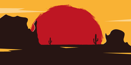 Wild West landscape with mountains and cactus. Sunset at the Texas. Vector illustrationのイラスト素材