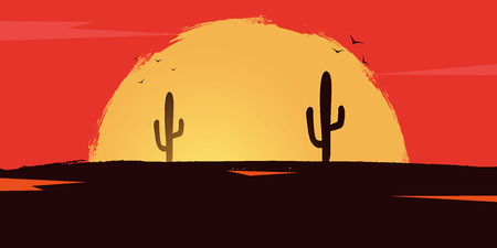 Wild West landscape with mountains and cactus. Sunset at the Texas. Vector illustrationのイラスト素材