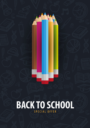 Back to School banner with colour pencils and hand draw doodle backgrounds. Vector illustration.のイラスト素材