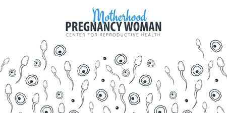 Pregnancy banner. In vitro fertilization. Artificial insemination. Hand draw sketch background with moving spermatozoons and female egg.のイラスト素材