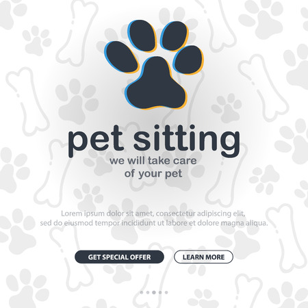 Pet Sitting. Home animals. Banner with cat or dog paws. Hand draw doodle background.のイラスト素材
