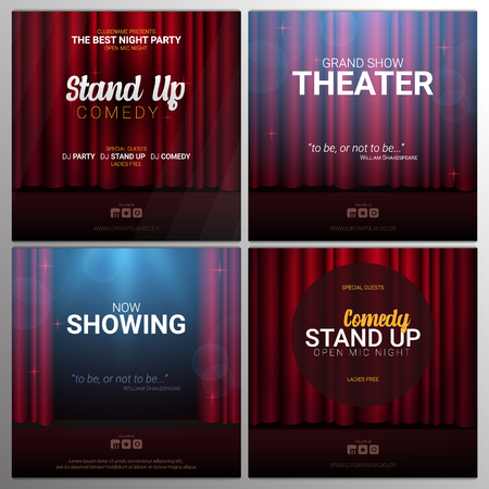 Set of Stand up and Theater banners. Red curtains stage, theater or opera background with spotlight.のイラスト素材