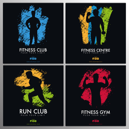 Set of Fitness Club Banners with man on the color grunge style background.のイラスト素材