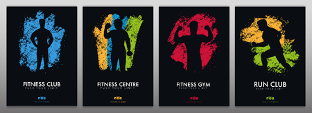 Set of Fitness Club Banners with man on the color grunge style background.のイラスト素材