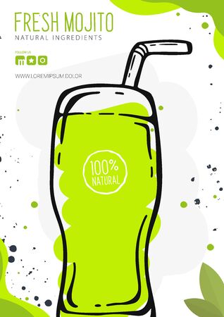 Fresh Mojito in a glass. Banner smoothies, lemonade, fresh, juice, detox in sketch style.のイラスト素材