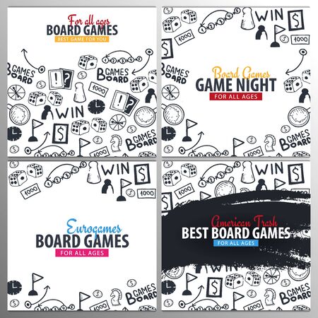 Set of Board Games banners. For all Ages. Hand draw doodle background. Vector illustration.のイラスト素材