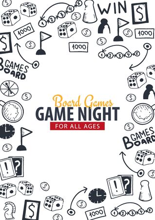 Board Games banners. For all Ages. Hand draw doodle background. Vector illustration.のイラスト素材