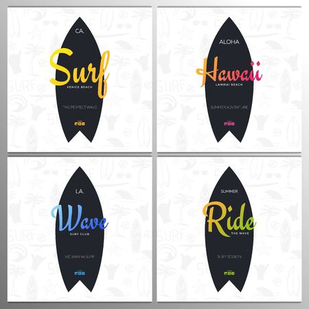 Set of Summer Surfing Posters for Surf Club or Shop with hand draw background and Surfboard.のイラスト素材