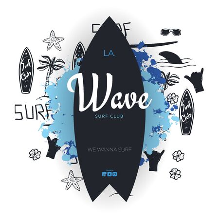 Summer Surfing Poster for Surf Club or Shop with hand draw background and Surfboard.のイラスト素材