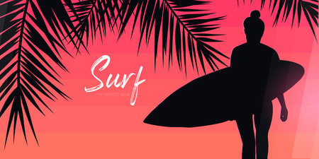 Surfer Girl with surfboard on colorful gradient background with palm leaves.