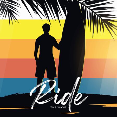 Surfer with surfboard on colorful gradient background with palm leaves.のイラスト素材