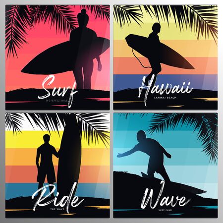 Set banners of Surfers with surfboards on colorful gradient background with palm leaves.のイラスト素材