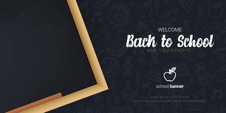 Welcome Back to School banner with chalkboard and dark hand draw doodle background.のイラスト素材