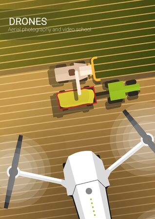Drone flying over the field and harvesting. Aerial Drone taking photography and video.のイラスト素材