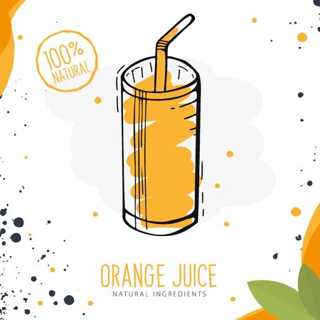 Orange Juice in a glass. Banner smoothies, lemonade, fresh, detox in sketch styleのイラスト素材