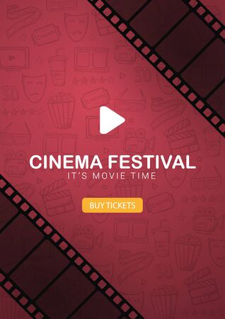 Cinema Festival with film strip banner. Hand draw doodle background.のイラスト素材