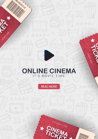 Online Cinema banner with tickets. Hand draw doodle background.のイラスト素材