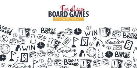 Board Games banners. For all Ages. Hand draw doodle background. Vector illustrationのイラスト素材