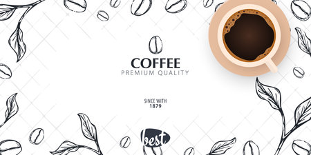 Cup of Coffee. Sketch banner with coffee beans and leaves for poster or another template designのイラスト素材