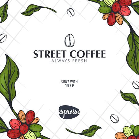 Colorful Coffee Sketch banner with coffee beans and leaves for poster or another template designのイラスト素材
