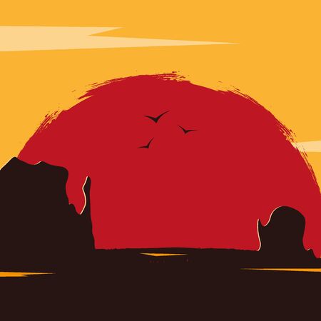 Wild West landscape with mountains and cactus. Sunset at the Texas. Vector illustrationのイラスト素材