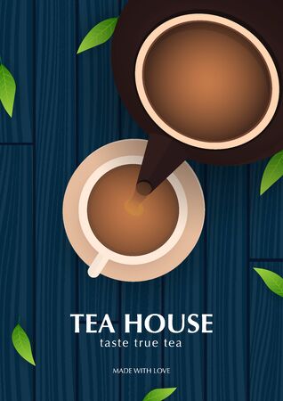 Tea Ceremony with cup and teapot. Black tea banner with leaves and wooden backgroundのイラスト素材