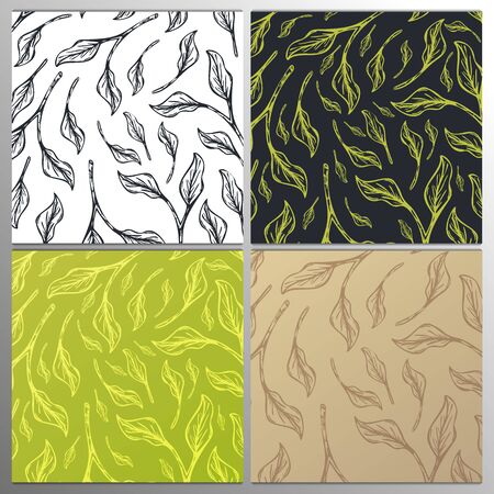 Collection tea banners. Green and Black tea, Matcha Japanese tea. Hand draw leaves on the backgroundのイラスト素材