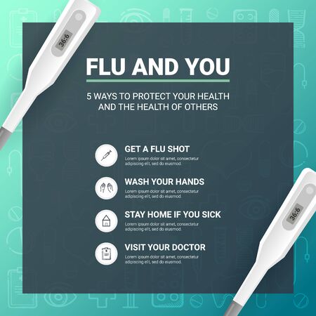 Flu and You infographic with medicine thermometer. Medical hand draw backgroundのイラスト素材