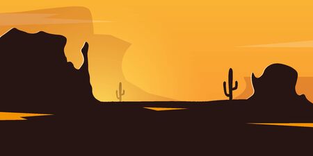 Wild West landscape with mountains and cactus. Sunset at the Texas. Vector illustrationのイラスト素材