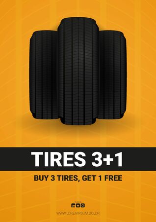 Tires car advertisement poster. Black rubber tire on the background with wheel tire tracks.のイラスト素材