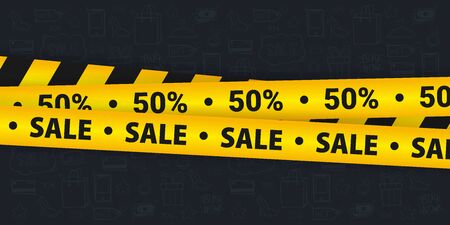 Sale banner with yellow Caution lines. Hand draw doodle icons on the backgroundのイラスト素材