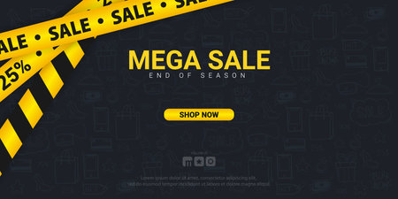 Sale banner with yellow Caution lines. Hand draw doodle icons on the backgroundのイラスト素材