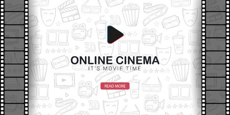 Online Cinema banner with film strip. Hand draw doodle background.のイラスト素材