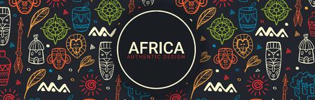 Africa banner. Safari Park. Colorful illustration with hand draw doodle Background.のイラスト素材
