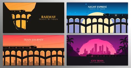 Set of Travel by Train banners. Railway bridge with outdoor landscape. Travel Concept.のイラスト素材