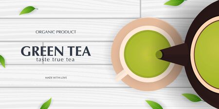 Tea Ceremony with cup and teapot. Green tea banner with leaves and wooden background.のイラスト素材