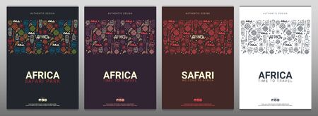 Set of Africa banners. Safari Park. Colorful illustration with hand draw doodle Background.のイラスト素材