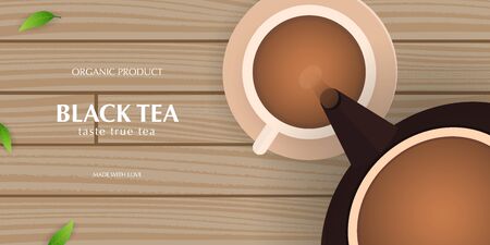 Tea Ceremony with cup and teapot. Black tea banner with leaves and wooden background.のイラスト素材