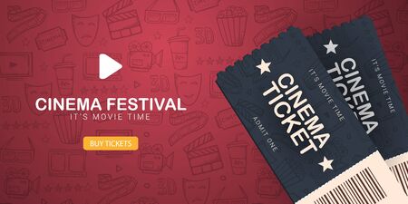 Cinema Festival banner with tickets. Hand draw doodle background.のイラスト素材
