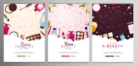 Korean flat cosmetics. Set of K-Beauty banners with hand draw doodle backgrounds. Skincare and Makeup. Translation - Korean Cosmetics. Vector Illustration.のイラスト素材