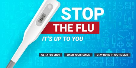 Stop the flu banner with medicine thermometer. Medical hand draw background.のイラスト素材