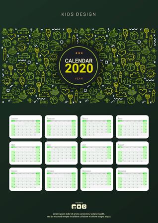 Kids Calendar 2020 with hand draw doodle background.のイラスト素材